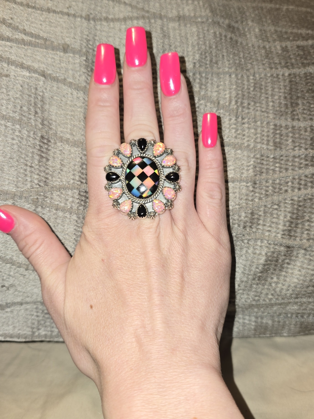 Black Onyx With Opal Checkered Sterling Silver Adjustable